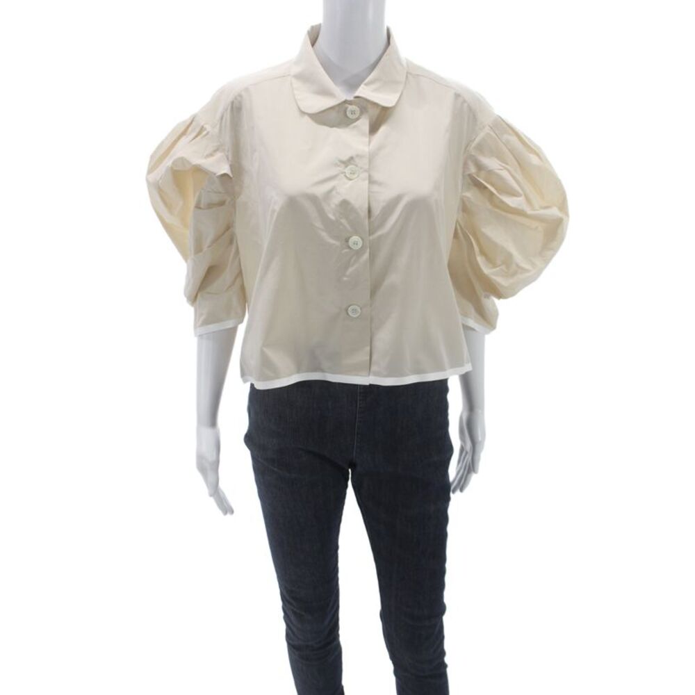 Nackiye Women Beige Cropped Blouse Collared Bell 3/4 Sleeve Polyester Size 42